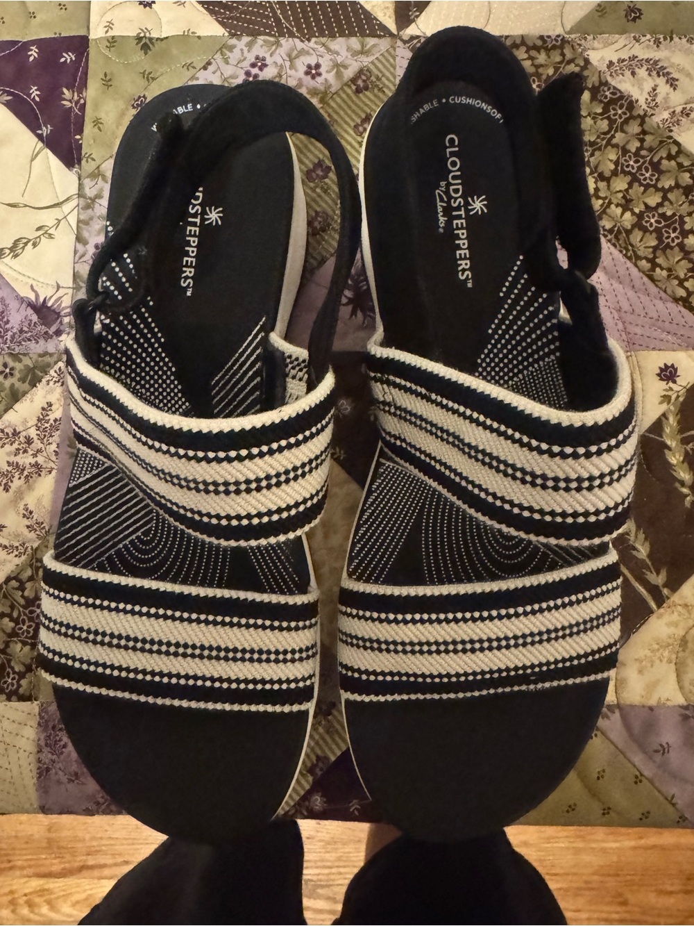 Clarks Cloudsteppers Black and White Striped Slingback Sandals